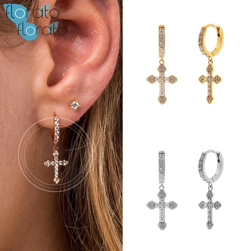 

925 Silver Ear Buckle Crystal Cross Pendant Drop Hoop Earrings for Women Simple Stylish CZ Earrings Korean Fashion Jewelry Gift