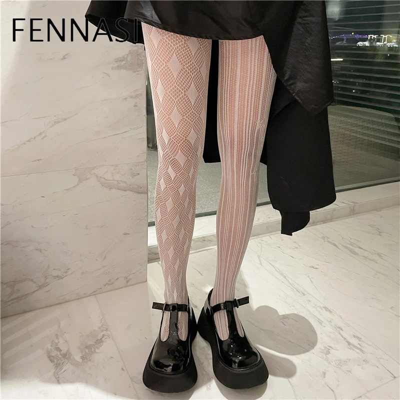 

FENNASI Mesh Tights For Woman Sexy Pure White Lace AB Fishnets Nylons Pantyhose