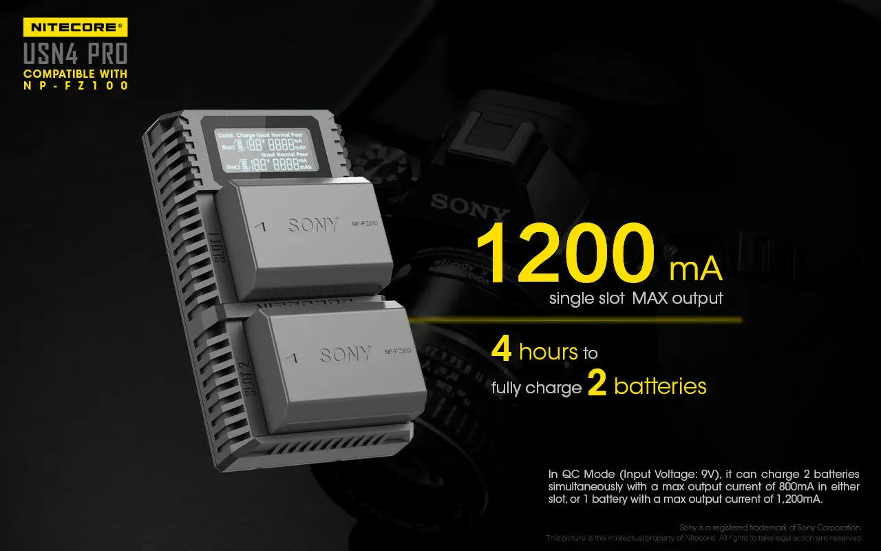 Цифровое Зарядное устройство Nitecore USN4 PRO с двумя слотами для фотоаппаратов Sony NP-FZ100