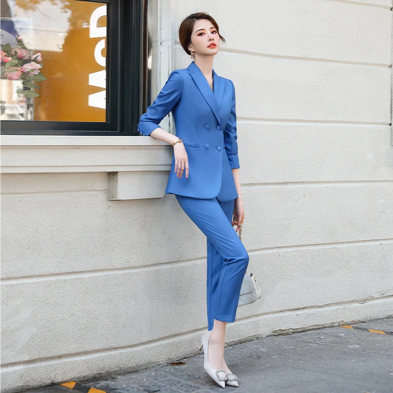 IZICFLY New Style Spring Fall Fashion Uniforms Business Slim Office Pink Suit Women Blazer Set With Trousers Work Wear 2 Piece