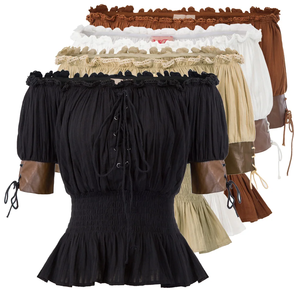 Женская винтажная рубашка с коротким рукавом в стиле стимпанк однотонная