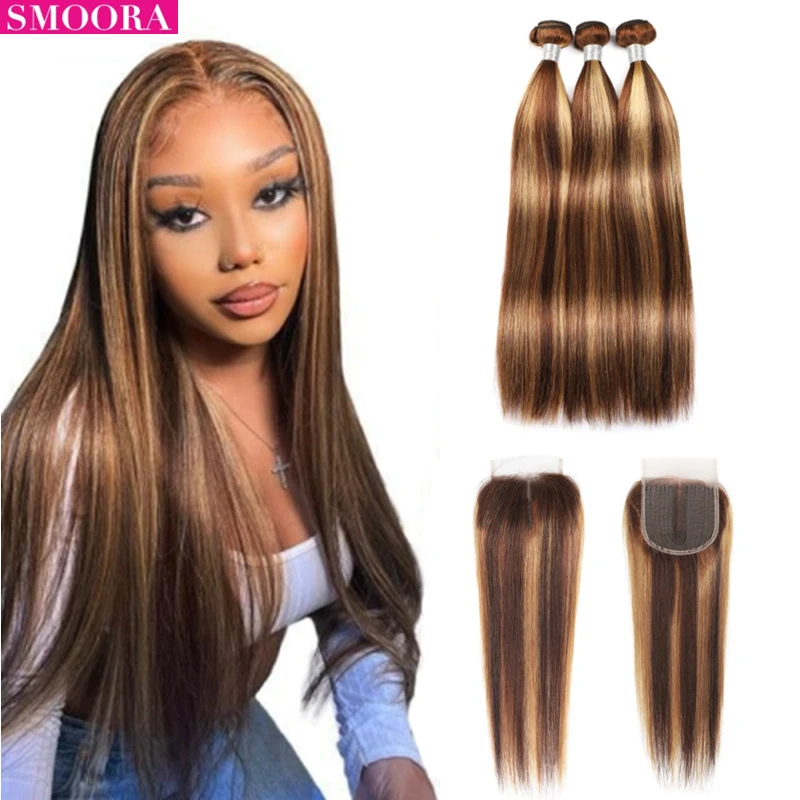 

40 40 40 Highlight P4/27 Blonde Bundles With Closure Brazilian Straight Hair Wave 3 Bundle With Lace Closure Remy Human Hair