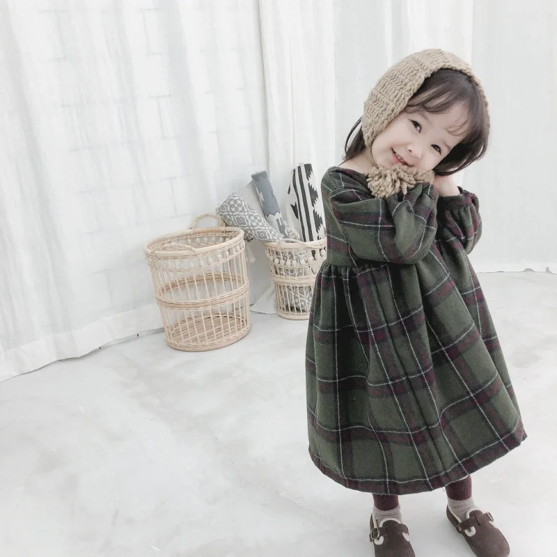 Autumn Winter cute girls fashion puff sleeve plaid long dresses baby kids wollen casual all-match princess dress | Детская одежда и