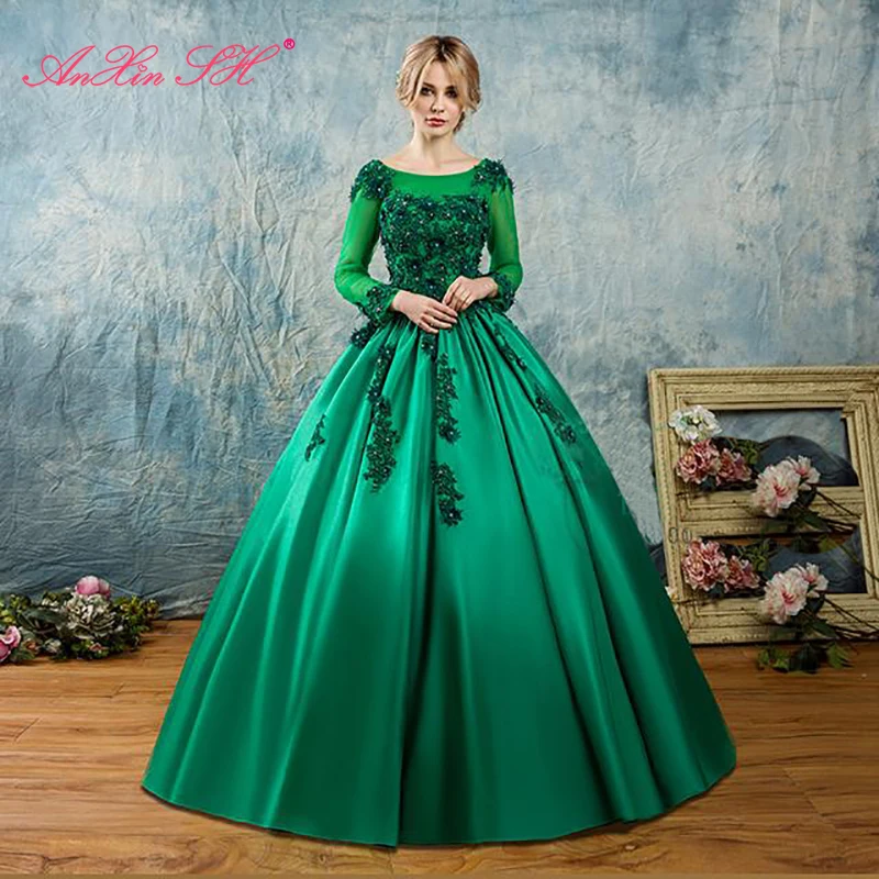 

Женское атласное платье с круглым вырезом AnXin SH, зеленое цветочное кружевное вечернее платье с длинным рукавом, украшенное бусинами, для сце...