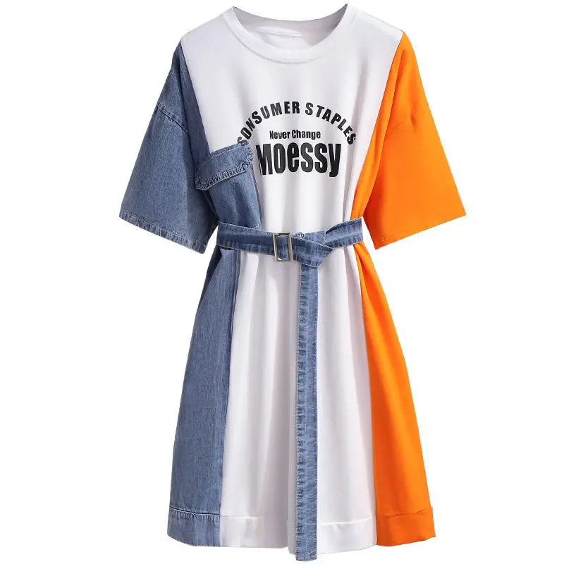 

Denim stitching T-shirt dress women's summer 2021 new design small crowd waist show slim skirt