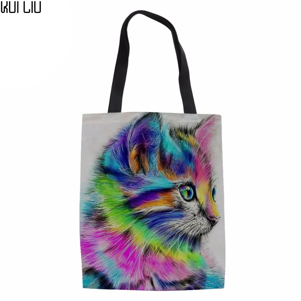 

Холщовая Сумочка Kui Liu с принтом милого кота, Женская вместительная Экологически чистая пляжная сумка, холщовые сумки для покупок