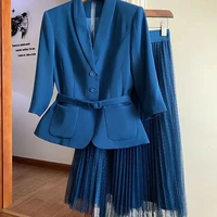 2022 fashion womenskirt sets long sleeve solid color breasted blazer high waist net yarn skirttwo piece sets womens outifits