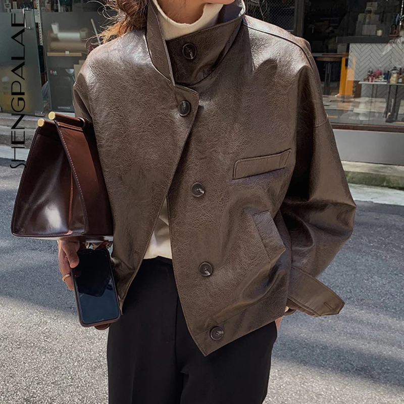SHENGPALAE Korean Women's Autumn Handsome Stand Collar Single-breasted Loose Long-sleeve Motorcycle PU Leather Short Coat ZT1074 | Женская