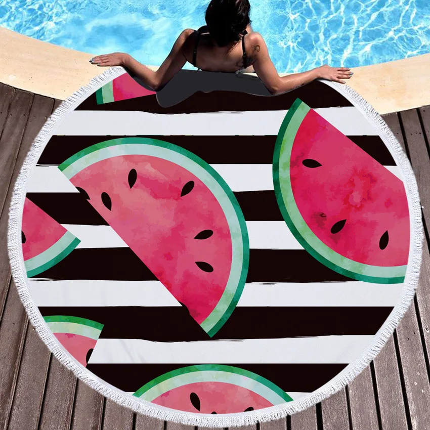 Serviette de plage ronde en microfibre Orange pastèque 550g, serviette de bain épaisse pour la douche, tapis de natation d'été avec glands