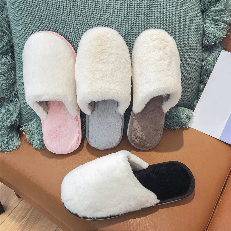

Women Home Slippers Fall Winter Warm Slippers Slip on Flats Slides Female Faux Fur Slippers 36-45 Cotton Plush Slipper