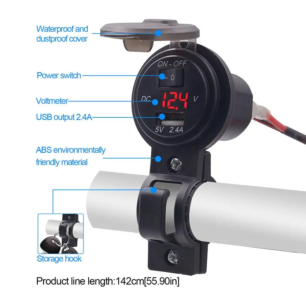 12V 2.4A USB Зарядное устройство + Вольтметр для автомобилей и мотоциклов мобильного