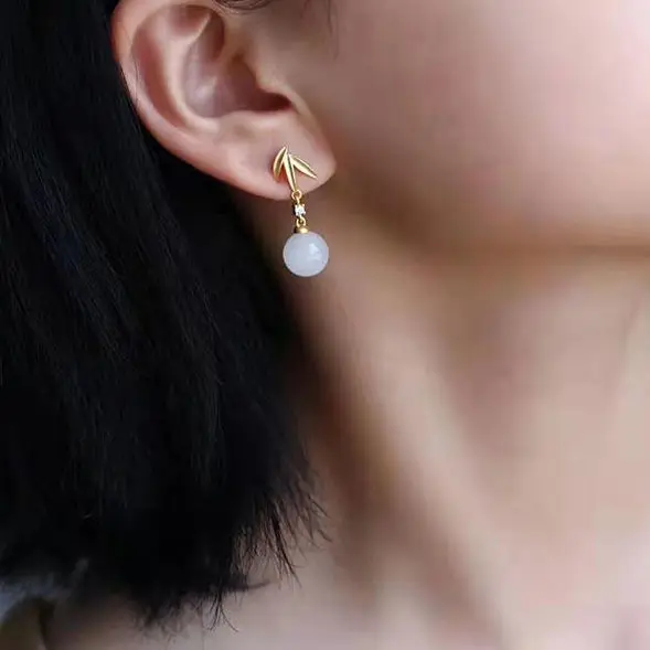 

New silver inlaid natural Hetian white Chalcedony plant Earrings Chinese style retro charm minority design women's brand jewelry