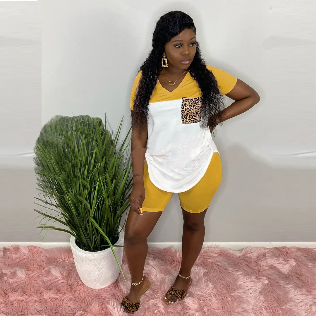 

2020 Summer Two-piece Short-sleeved Tshirt Sets V Neck T-shirt and Skinny Pants Women two pieces Tracksuit Outfit A8214