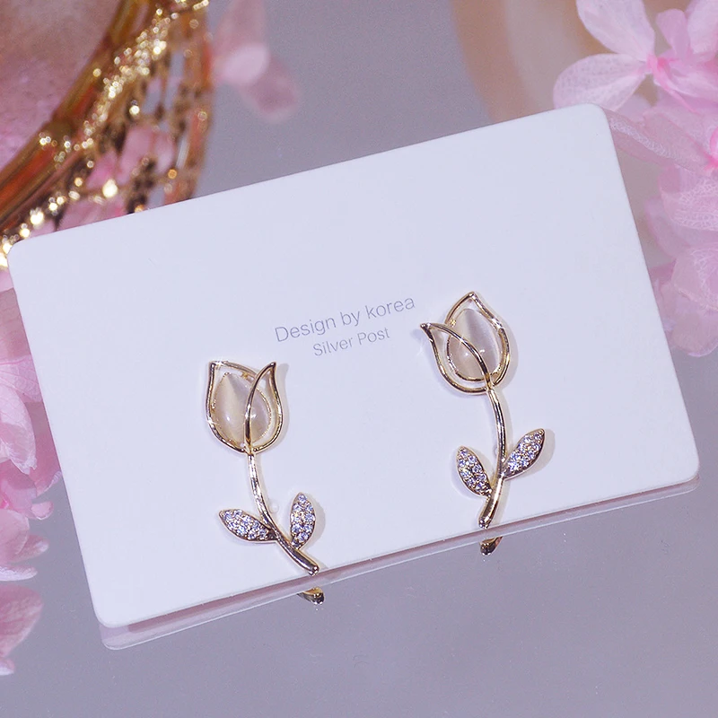 

Vintage Exquisite 14k Real Gold Jewelry Elegant Tulip Earrings for Women Luxury AAA Zircon Stud S925 Silver Needle Fine Hot Gift
