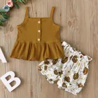Новый летний костюм для девочек топ на бретельках с оборкой и шорты с цветочным принтом милый комплект одежды без рукавов из двух предметов, верхняя одежда для младенцев