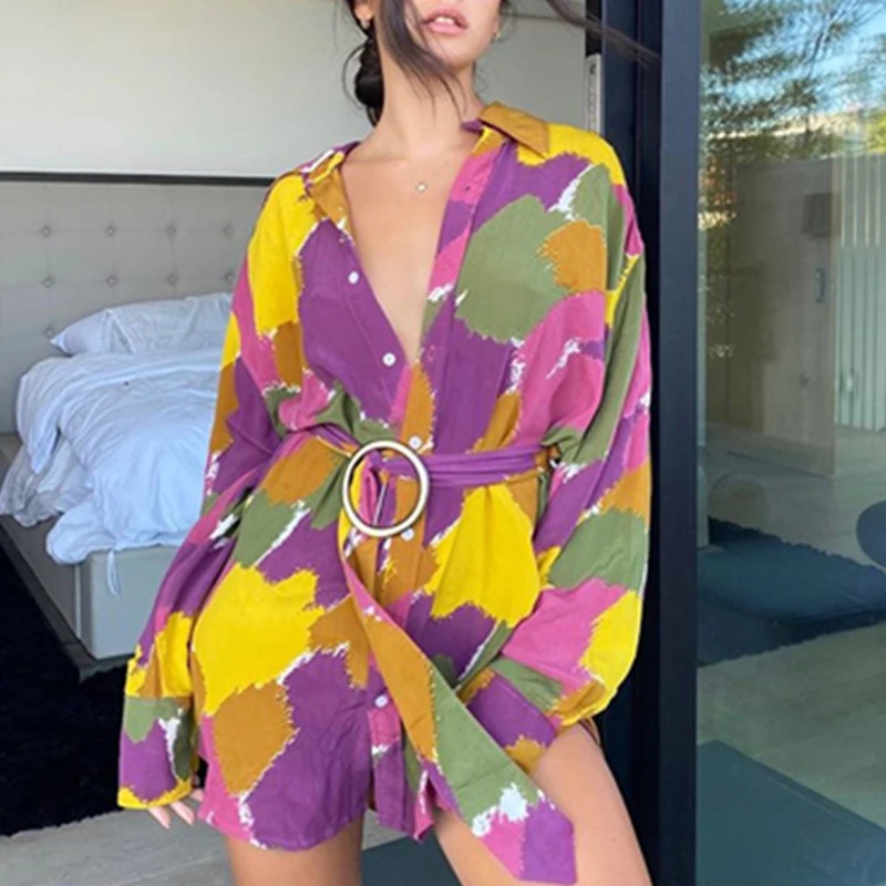 

2021 Women Casual Turn-Down Collar Full Sleeve Mini Dress Autumn Printing Sashes Button Ladies Dress Fashion Elegant Streetwear