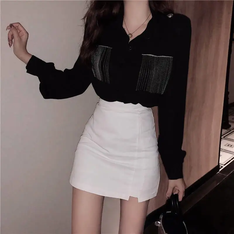 Женская Повседневная рубашка с длинными рукавами отложным воротником и бахромой