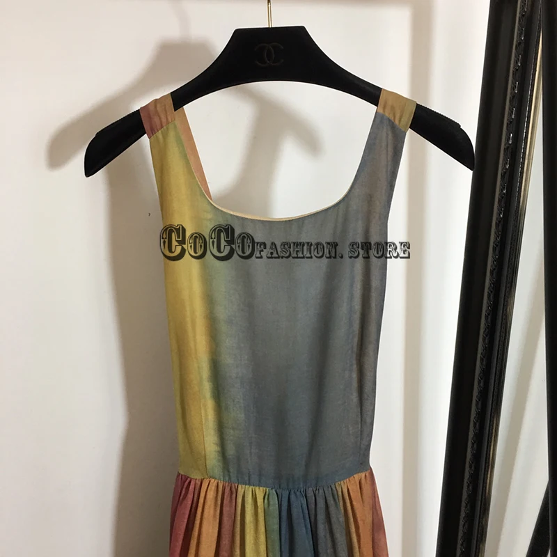 

Luxury Designer high end Women 2021 Summer Branded Sleeveless Cross back sexy Rainbow color temperament pure cotton long dress
