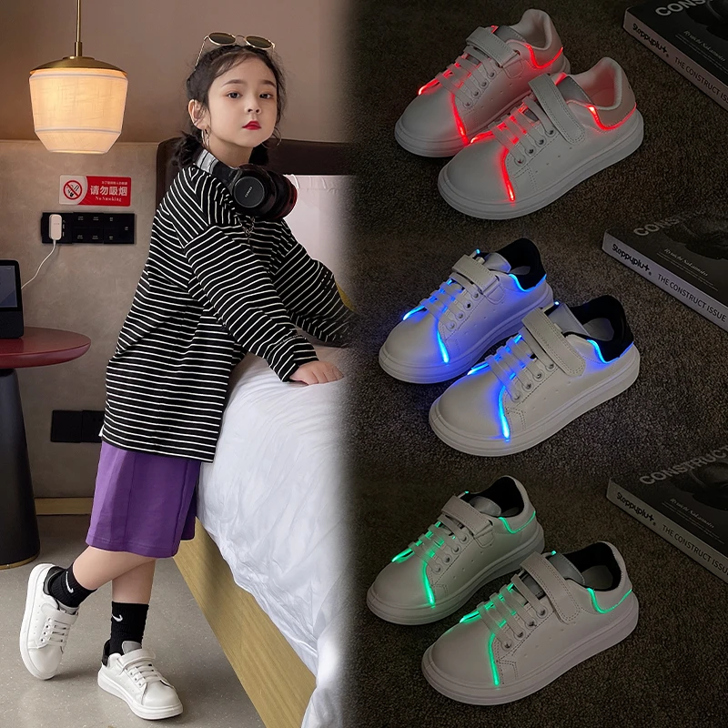 

2022 Sport Children's Toddler Big Kids Students LED Shoes Light Casual Laces Brand Customized Design Leather Fashionable