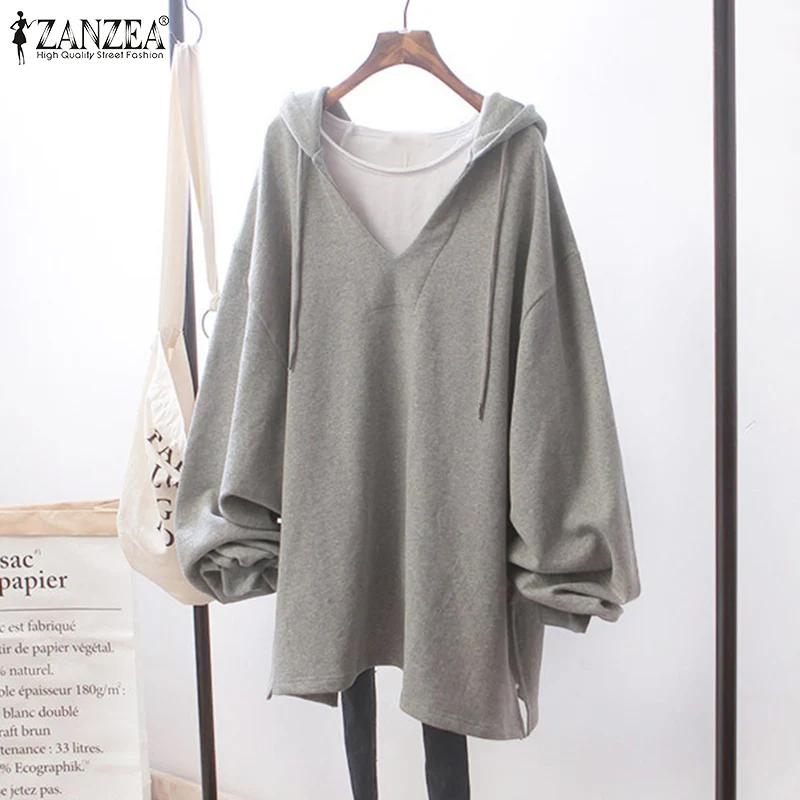

ZANZEA Fashion V Neck Pullover Women Casual Baggy Sweatshirt Spring Autumn Oversized Hooded Tops Lady Solid Long Sleeve Hoodies