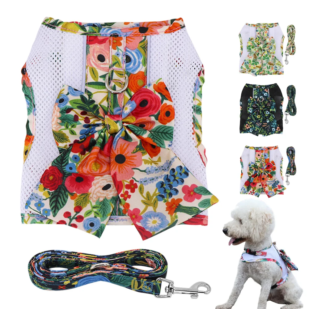 

Breathable Mesh Dog Harness and Leash Set Nylon Flower Printed Vest Harness and Leash Rope Bowknot Harness For Small Medium Dogs