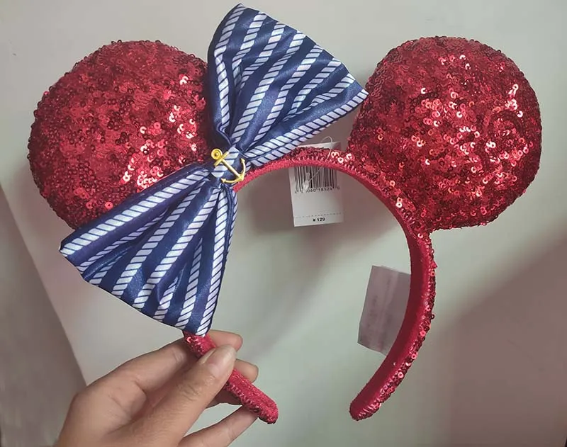 

2021 NEW Parks Red Minnie Mouse Ears Blue Bow Red Sequin Headband