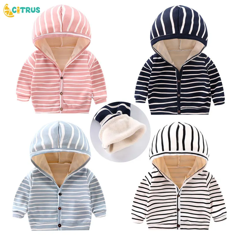 

CITRUS Winter Baby Boys Striped Jacket Clothes Cotton Button Velvet Lining Baby Girls Boys Long Sleeve Coat Autumn Clothing