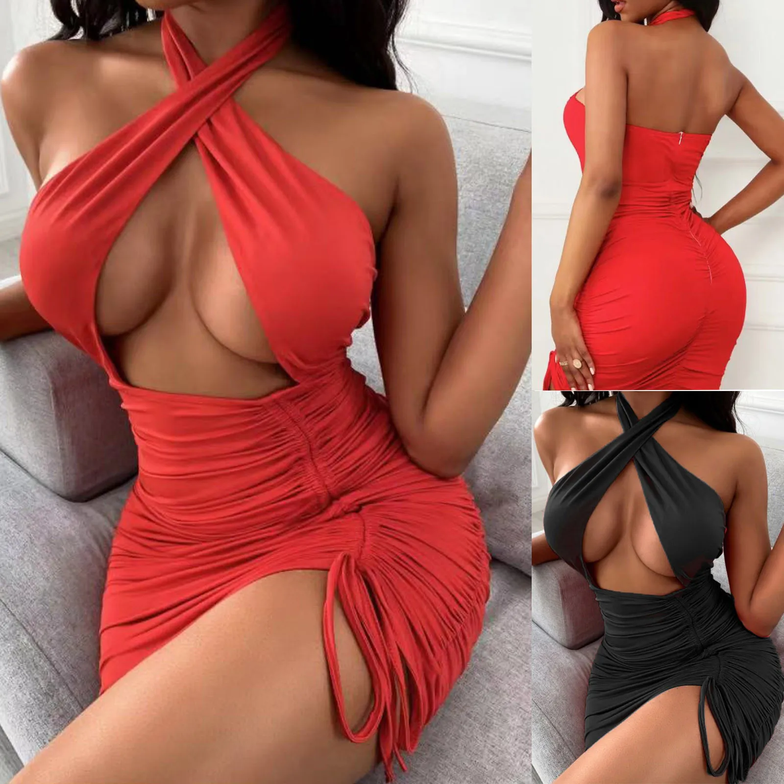 

2021 летние платья для женщин, модное сексуальное однотонное платье с вырезами и лямкой на шее без рукавов, женское платье