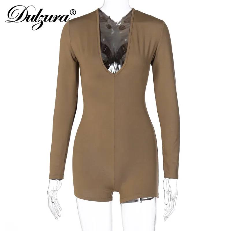 

Dulzura drawstring ruched hollow out women v neck playsuit long sleeve bodycon sexy streetwear 2020 autumn winter combishort