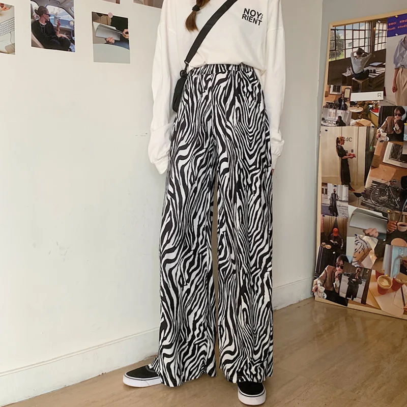 

2022 Spring New Zebra Striped Girl Loose Casual Pants Women's Fashion Wild Wide Leg Trousers Ladies Plus Size Straight Leg Pants