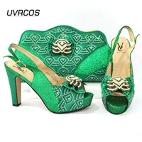 2021 new arrival nigerian fashion italian design party ladies shoes and bag decorated with rhinestone and metal in green color