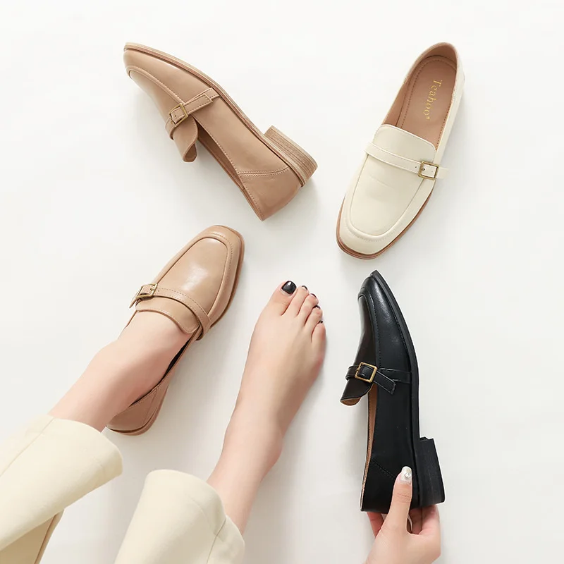 British Leather Shoes for Women Hot Slip on Wood Heels Loafers Square Toe Buckle Band Flats Woman Preppy Girls Oxfords