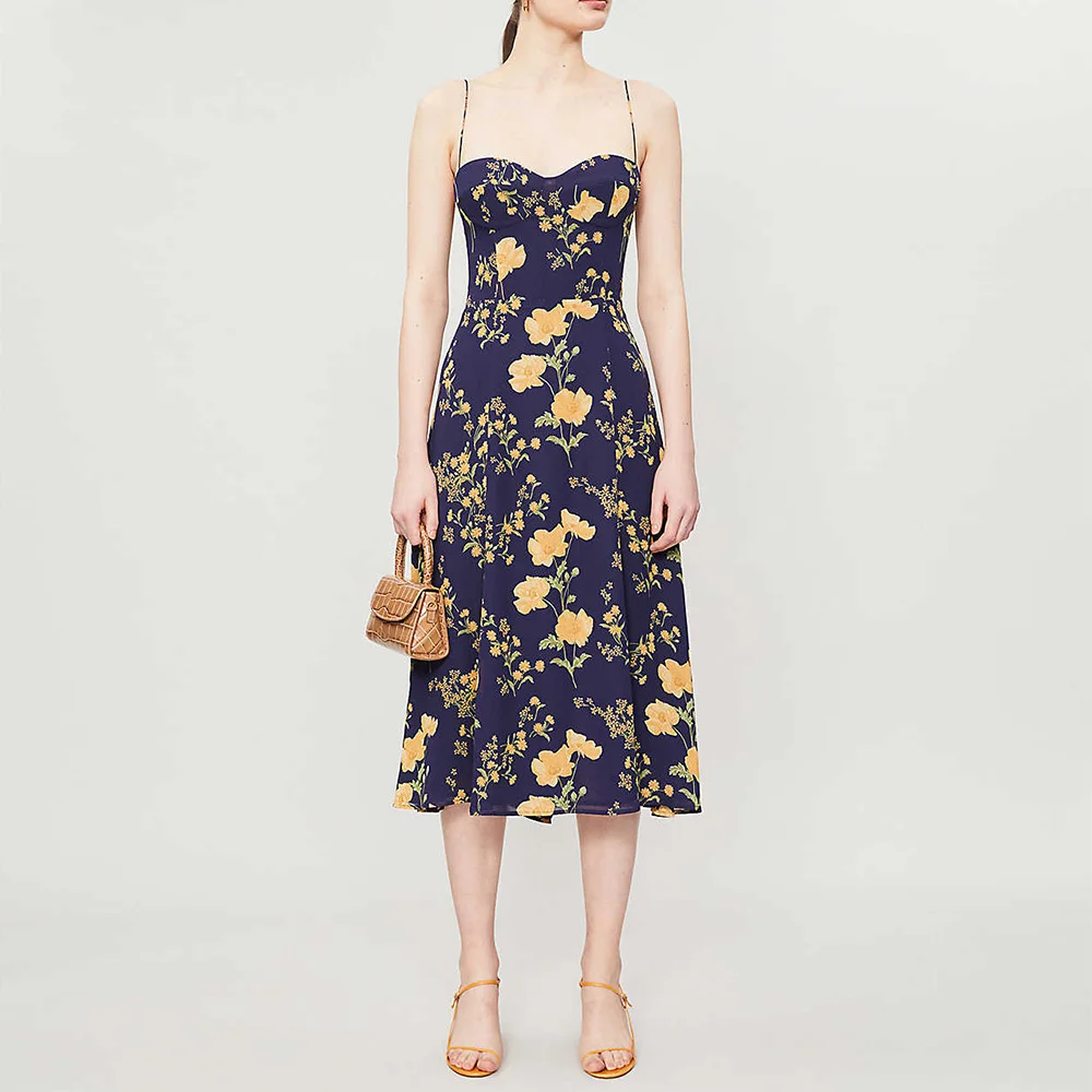 

Летняя одежда, платья для женщин, элегантное винтажное платье миди с цветочным принтом, шифоновое платье на бретельках с завязками сзади, са...