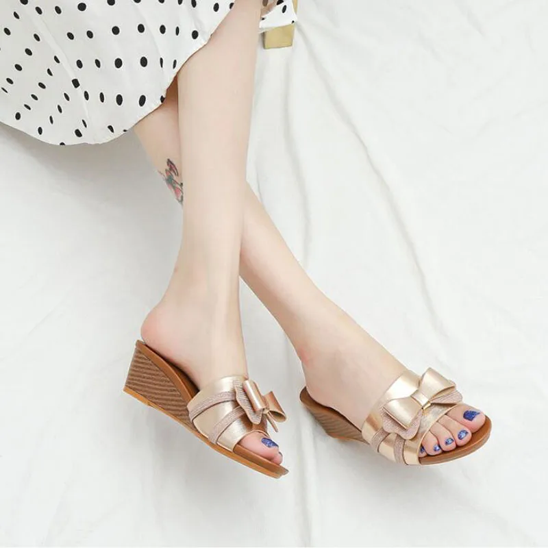 

Female Sandals Summer Lovely Bow Platform Sandals for Women Soft Mules Wedges Shoes PU Leather Elegant Slides