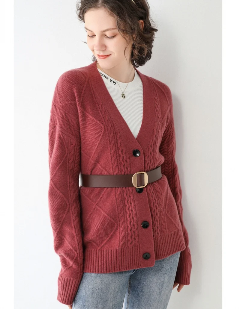 Women's 100% Real Wool Thick Type Buttons down Long Sleeve cableknit Sweater Cardigan Top Shirt YS008