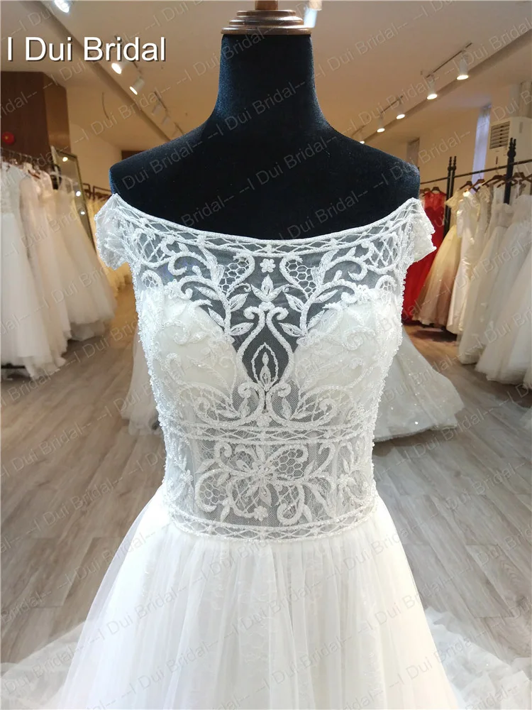 Off Shoulder Wedding Dress with Short Sleeve Beaded A Line Bridal Gown Illusion Corset