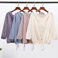 linen knitted hooded cardigan women 2021 summer loose sun protection coat lace up v neck short jacket female cape outerwear