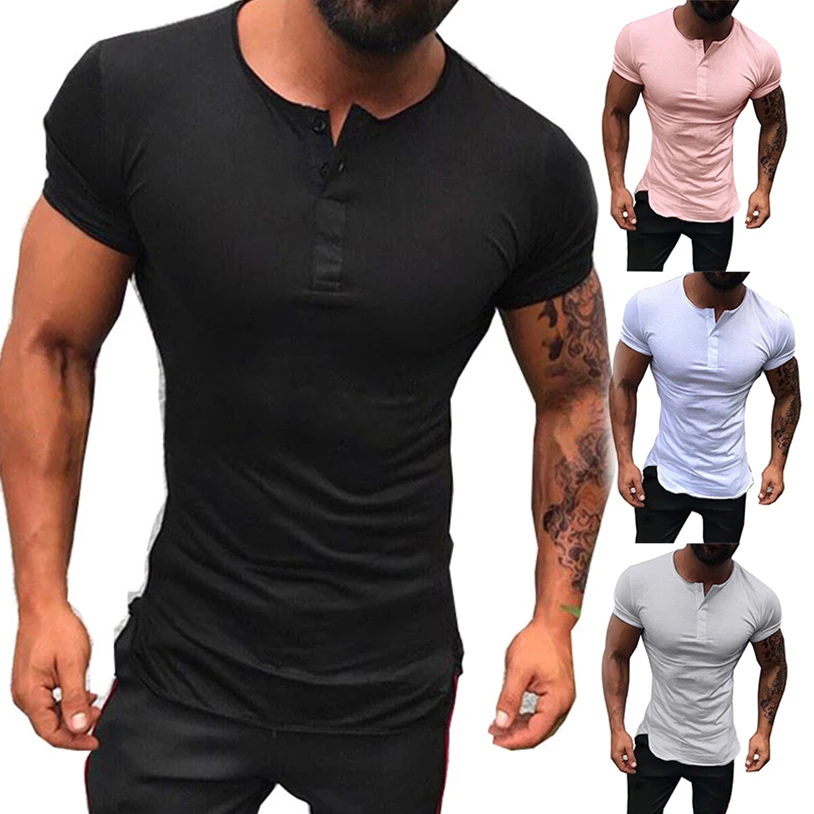 

Solid Male Short Sleeves Fashion O-Neck Button T Shirt White Black Summer Casual Tops Slim Fit Tee Shirts Men Fitness Clothing