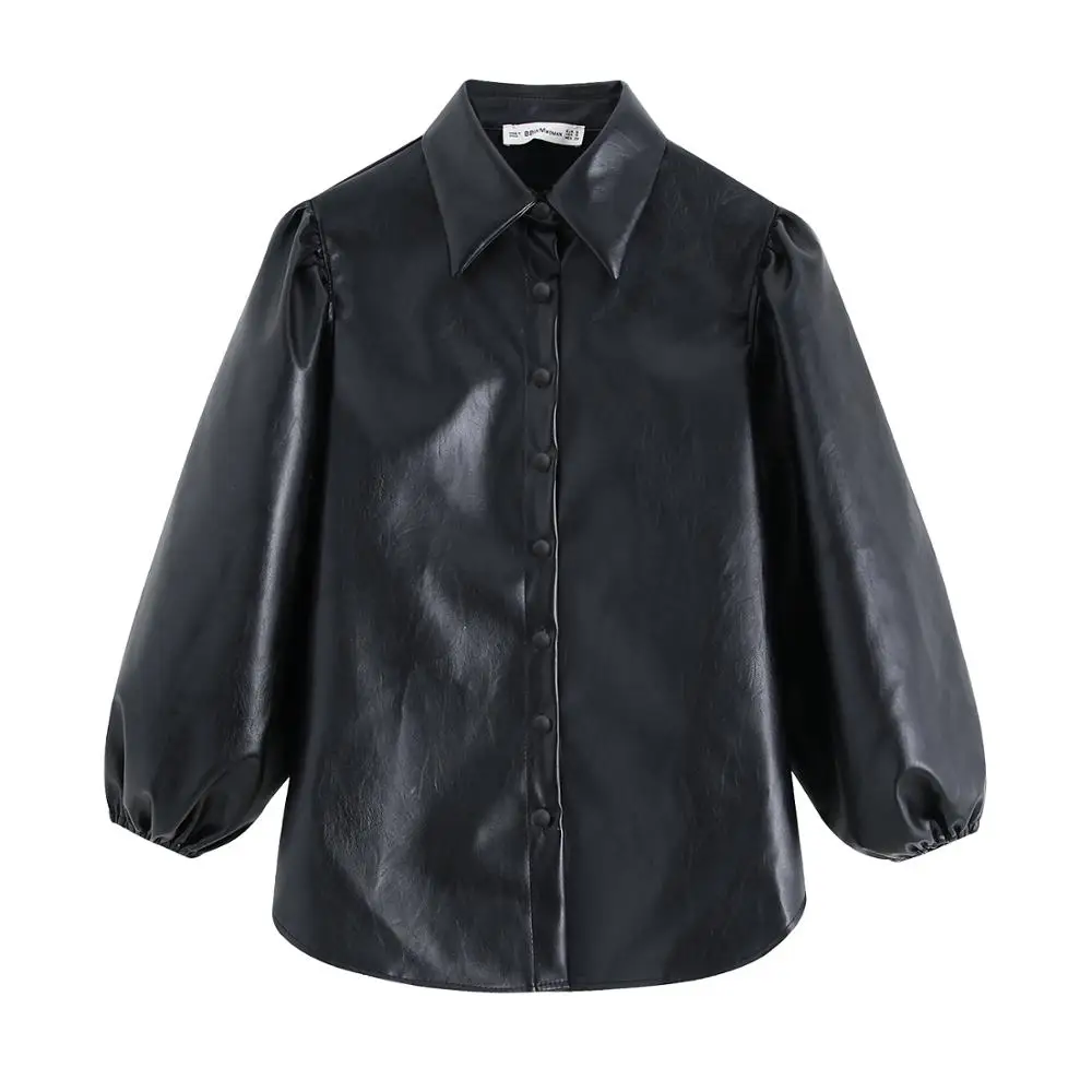 9576 Black Новинка, модные женские блузки из искусственной кожи с отложным воротником, женские рубашки с пышными рукавами, женские свободные элегантные топы из искусственной кожи на пуговицах, женские топы hp - Цвет: 9576 Black