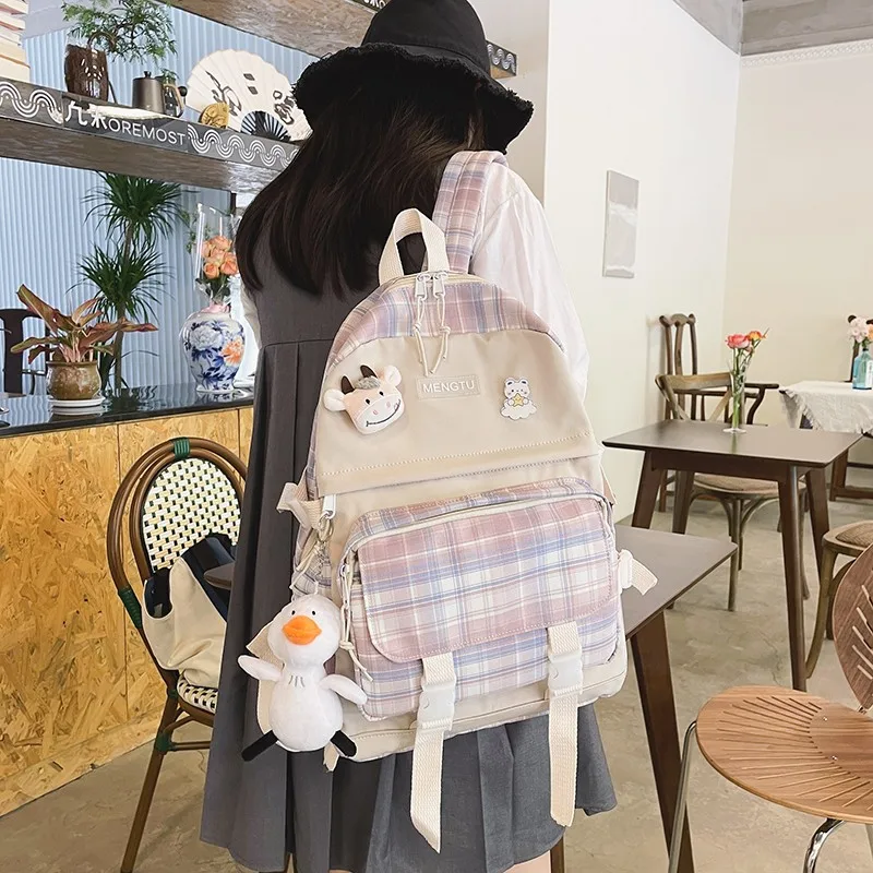 

New Fashion Bookbags For Teenage Girls Harajuku Style Plaid Backpacks Canvas Large Capacity Waterproof Travel Backpacks