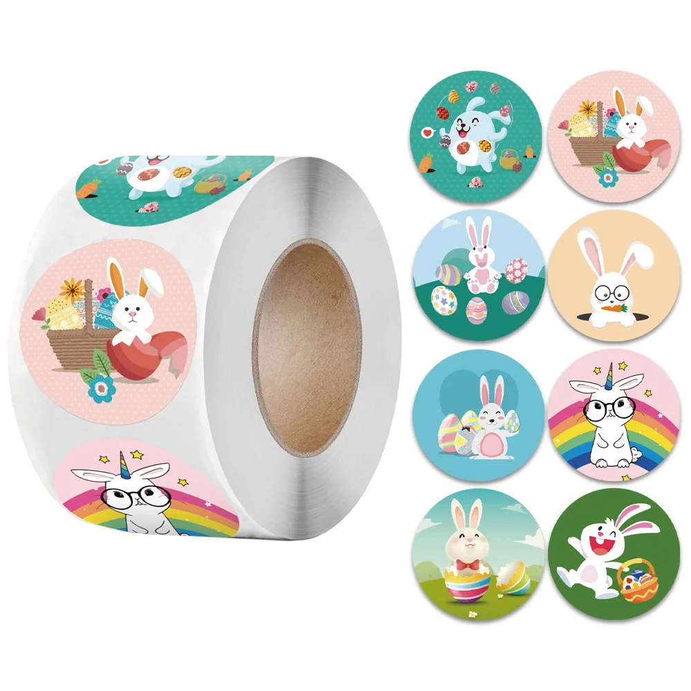 

500pcs Easter Theme Round Stickers Decorations Eggs Bunny Assorted Self-Adhesive Sticker for Easter Party Decoration 1.5 inch