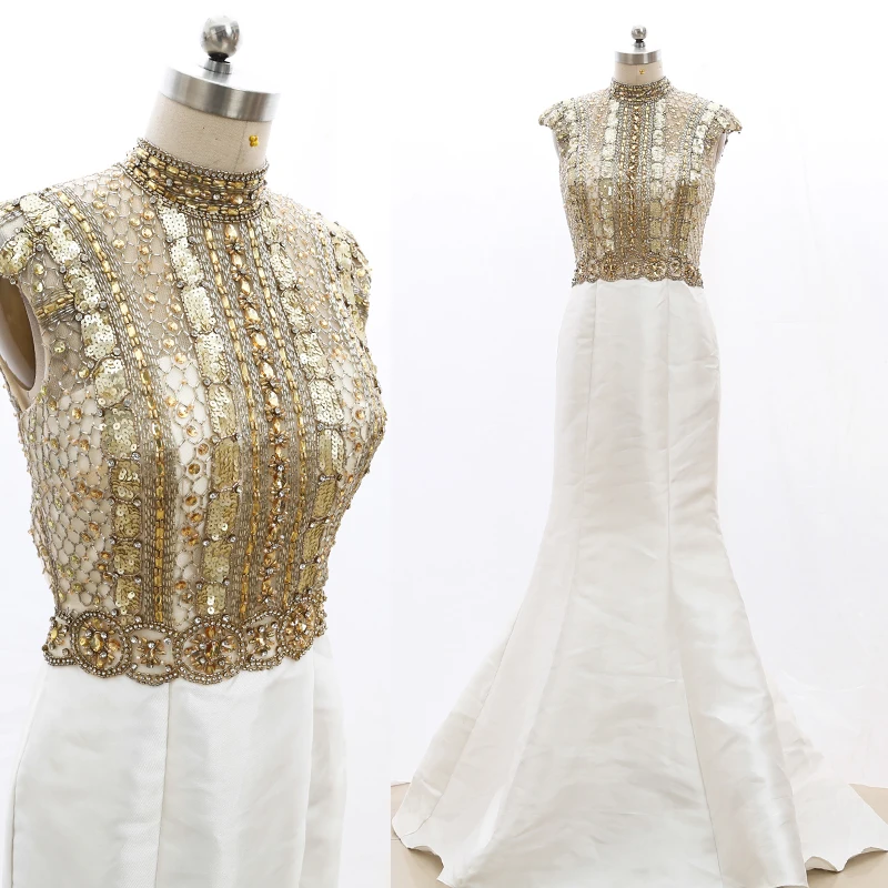 

Kisswhite Bridal Stock Clean High Neck Prom Evening Dresses Long Gold Beads Mermaid One Instock 20210223-011
