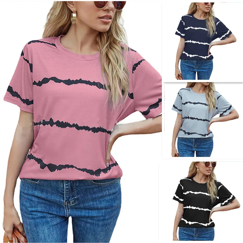 

2021 summer new casual fashion stripe printed short sleeve T-shirt women's top Free shipping