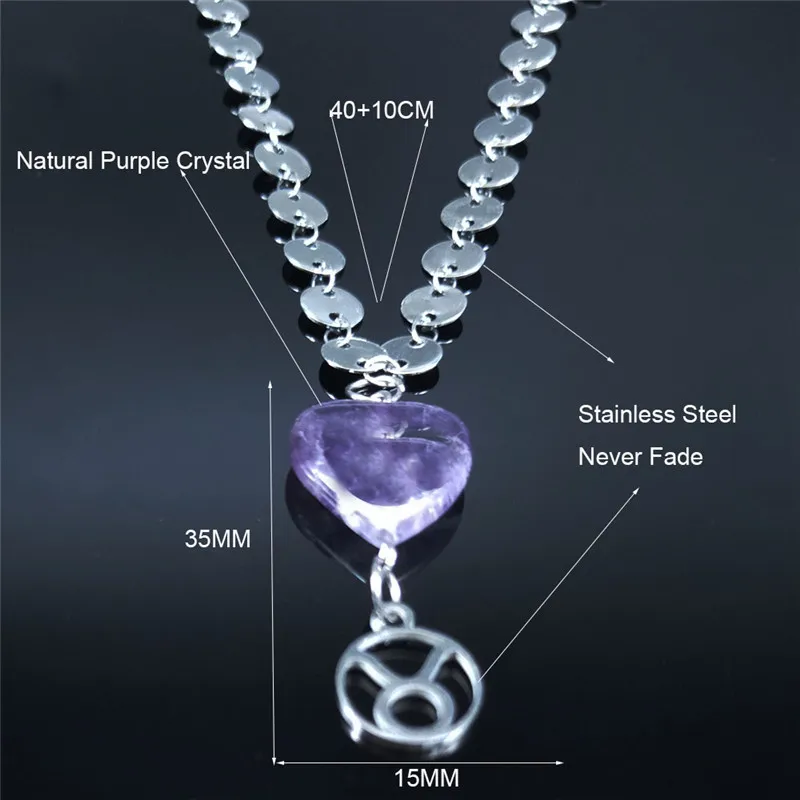 

Taurus Purple Natural Crystal Stainless Steel Necklaces Women Silver Color Constellation Necklace Pendant Jewelry colar N2035S04
