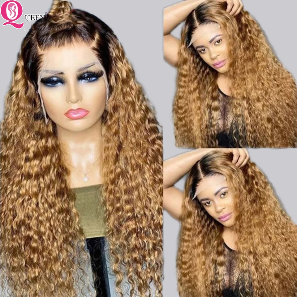Ombre Lace Front Wig Curly Human Hair Wig Honey Blonde Transparent Lace Front Wigs For Black Women 180% Remy Peruvian Hair Wigs