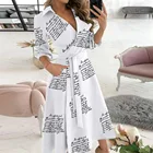 Женское асимметричное платье-трапеция, повседневное Элегантное Длинное Платье с геометрическим принтом, V-образным вырезом, поясом и длинным рукавом, лето 2021
