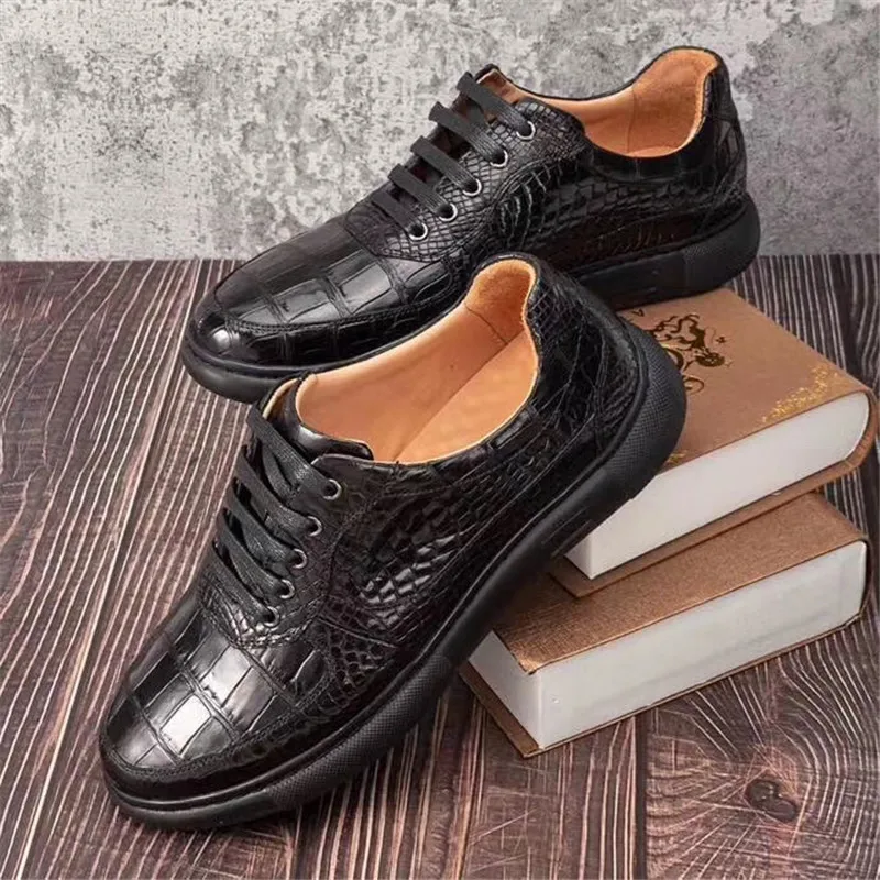 baratas Authentic Real Verdadeira Pele De Crocodilo Masculino Casual Preto Placa Sapatos De Couro Genuíno Jacaré Masculino Laço-up Suave Condução Apartamentos