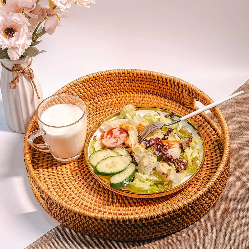 Rattan Basket Hand-Woven Coffee Breakfast Severing Tray Food Storage Platters Bread Plate with Handler For Drink Snack Tea | Дом и сад
