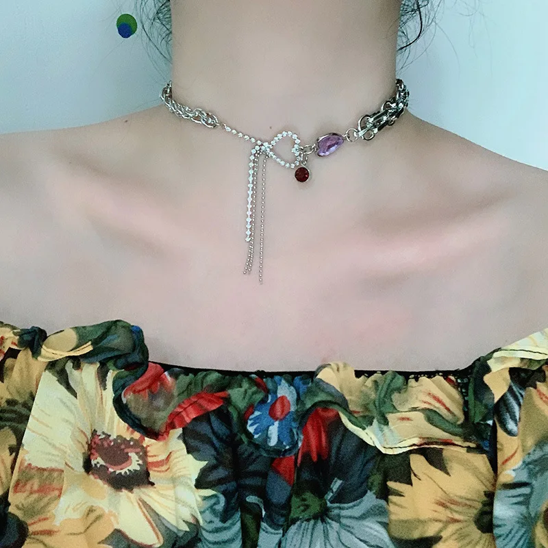 

1Pcs Korean Style New Simple Silver Colour Metal Choker Alloy Hollow Love Heart Thick Chain Rhinestone Necklace For Women Party