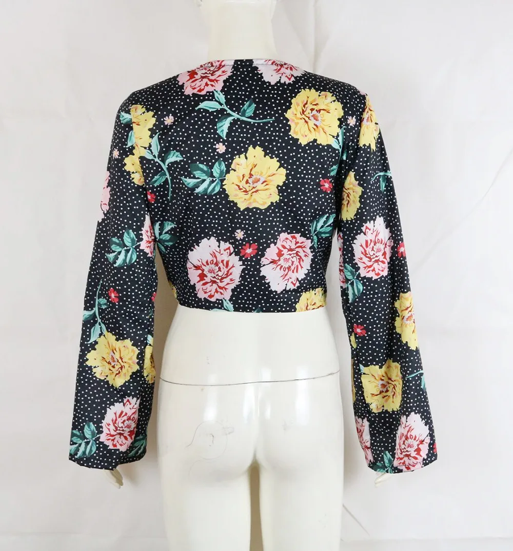 

Summer Long Sleeve Shirt Woman European Style Woman Crop Top Printing Blouse Woman